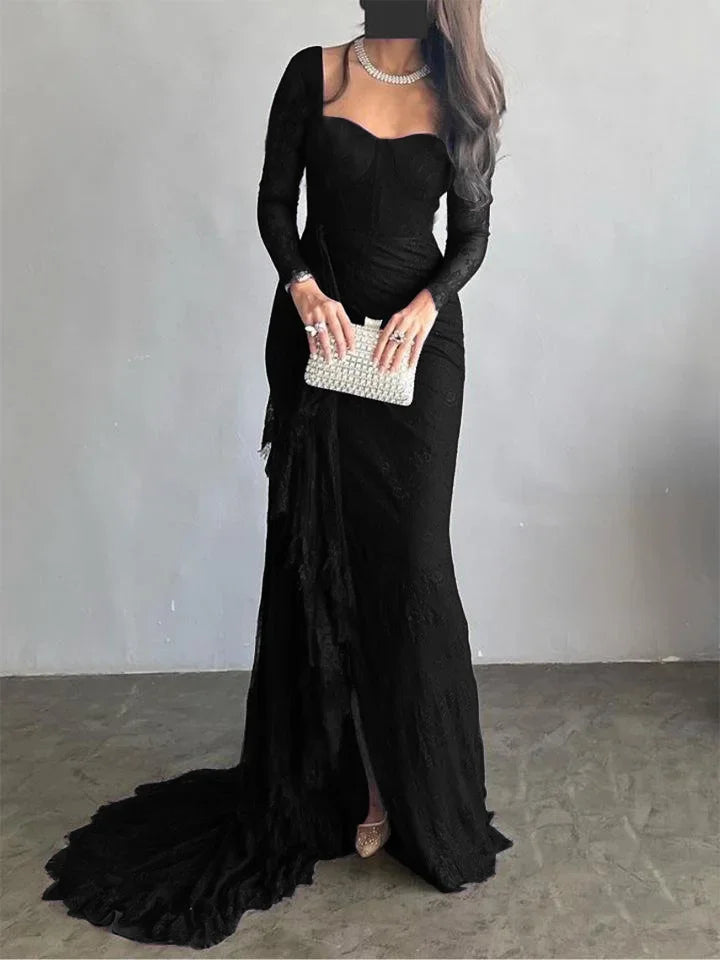 2026 Women's Ruffled Lace Evening Dress Solid Color Square Neck Long Sleeve Skinny Maxi Dress Wrap Hip Party Gowns