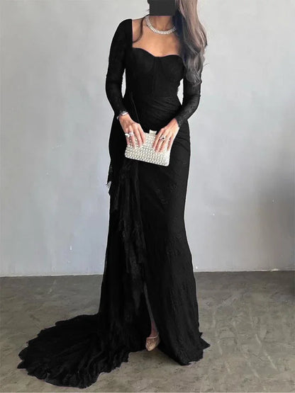 2026 Women's Ruffled Lace Evening Dress Solid Color Square Neck Long Sleeve Skinny Maxi Dress Wrap Hip Party Gowns