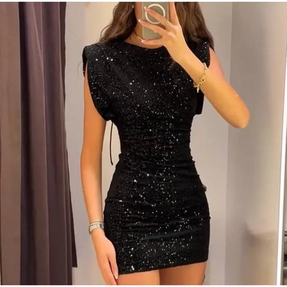 Elegant Woman Black Shiny Sleeveless Mini Dress Sexy Lace Up O Neck Slim Waist Short Dresses New Evening Party Vestidos 2025
