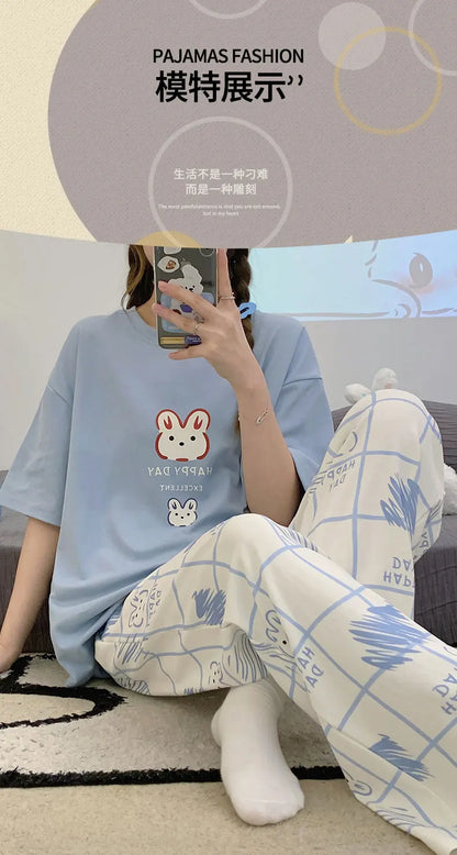 New Pajama Cartoon Cotton Pajamas for Women Summer Short Sleeved Long Pants Sleepwear Korean Fashion Rabbit Print Home Clothing