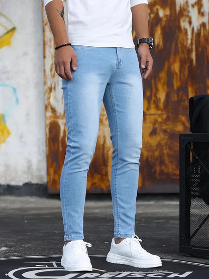 Man Pants Retro Washing Zipper Stretch Jeans Casual Slim Fit Trousers Male Plus Size Pencil Pants Denim Skinny Jeans for Men