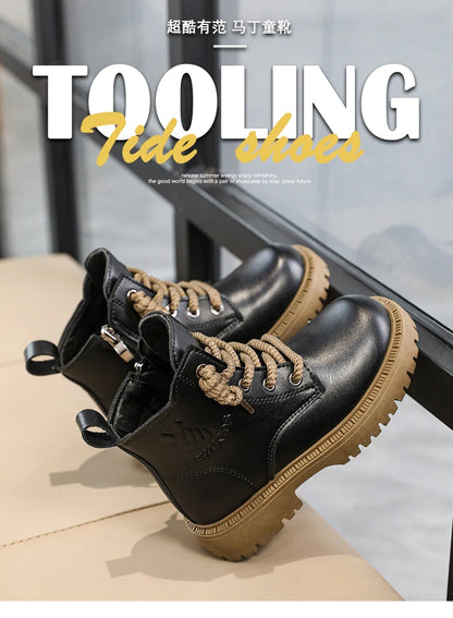 Kid's Winter Cotton Boots Plus Velvet Thickening Water Proof Retro Black Trendy All-match Leather Casual Boys Girls Ankle Boot