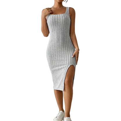 Solid Color Square Neckline Dress Elegant Square Neck Knitted Midi Dress for Women Solid Color Party Commute Dress with Short