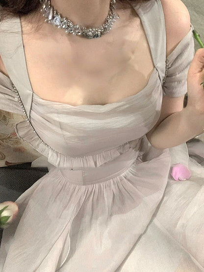 Korean Casual Midi Dress for Women 2026 New Summer Fashion Elegant Off The Shoulder Folds Ruffle Female Clothes Birthday Dress