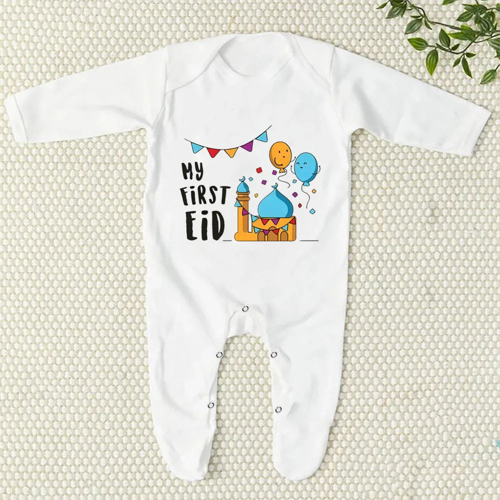My First Eid/Ramadan Print Baby Sleepsuit Newborn Bodysuit Infant Long Sleeve Romper Ramadan Islamic Muslim Baby Keepsake Outfit