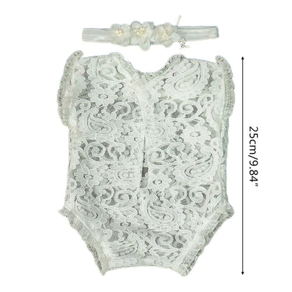 2 Pcs 0-1 Month Newborn Photography Props Baby Headband Lace Romper Bodysuits Outfit Girl Costume Photo Clothing