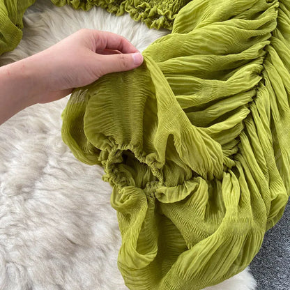 Women Sexy Chiffon Short Blouse Female See Through Super Long Sleeve Purple/Green/Black/White Folds Party Tops 2026 New