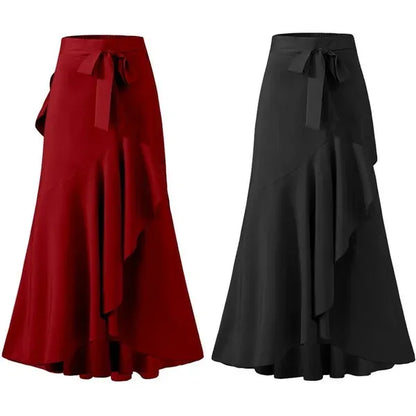 Spring Autumn Women Long Skirt High Waist Lace-up Ruffle Trim Plaid Print Bow Tie Irregular Hem Maxi Skirt Female 2026 New