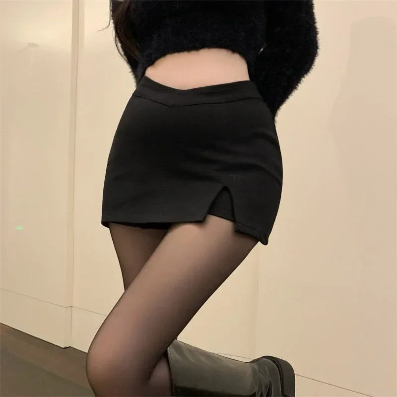 2026 Black Split Mini Skirts Women Summer Club High Waist Slit Skirt Streetwear Korean Party Fashion Irregular Slim A Line Skirt