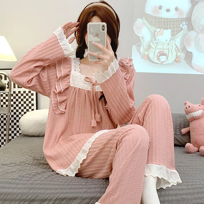 5XL Plus Size Spring Ladies Pajamas Set Princess Style Cotton Soft Sleepwear Square Neck Long-sleeve Trousers suit Household Wear
