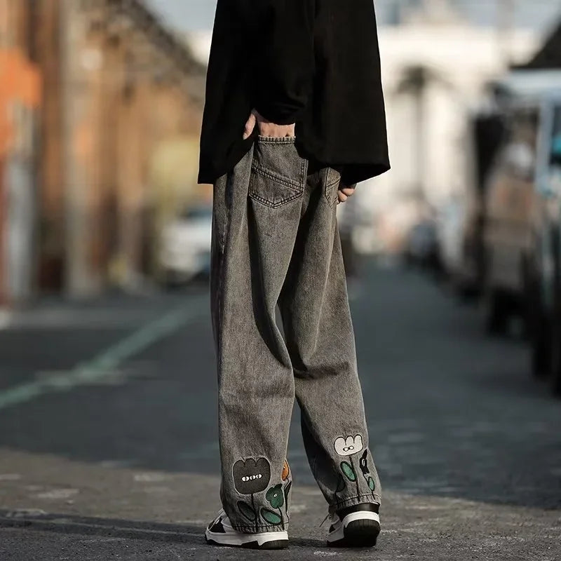 New Men's Y2K Flower Printed Baggy Jeans 2026 Streetwear American Casual Denim Wide-leg Pants Hombre Vintage Straight Trousers