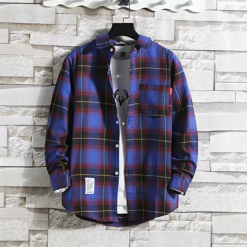 Spring New Korean Style Plaid Shirts Men's Handsome Long-sleeved Loose Casual All-matching Shirt Coats 2026 Trend Men's Clothing