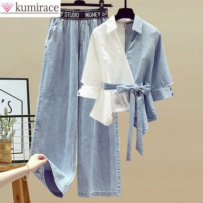 2026 Summer New Stitched Chiffon Shirt Female Set Elegant Women's Jeans Casual Blouse Two Piece Set Ladies Tracksuits