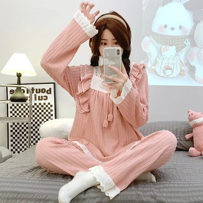 5XL Plus Size Spring Ladies Pajamas Set Princess Style Cotton Soft Sleepwear Square Neck Long-sleeve Trousers suit Household Wear