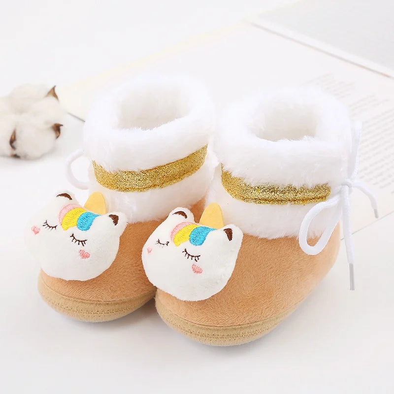 Baywell Cute Cartoon Animal Newborn Baby Boots Winter Plush Snow Booties for Boy Girl Soft Soled Comfortable Warming Shoes