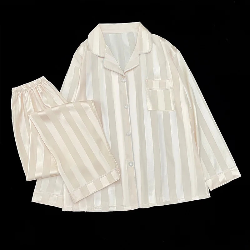 Women's Pajamas Sets Spring Autumn 2 Piece Striped Pajama Faux Silk Satin Sleepwear Long Sleeve Button Pajama Mujer Pjs Home wear