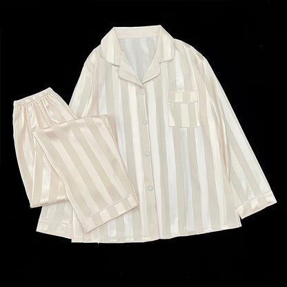 Women's Pajamas Sets Spring Autumn 2 Piece Striped Pajama Faux Silk Satin Sleepwear Long Sleeve Button Pajama Mujer Pjs Home wear