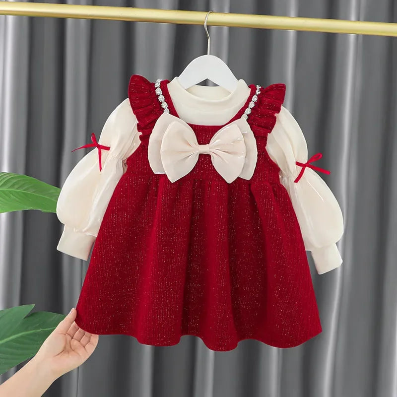 Toddler Baby Girls Dress Autumn  Winter Kids Red Christmas New Year Plush Warm Dress Infant Clothing Set Top+ skirt For 1-4 Years