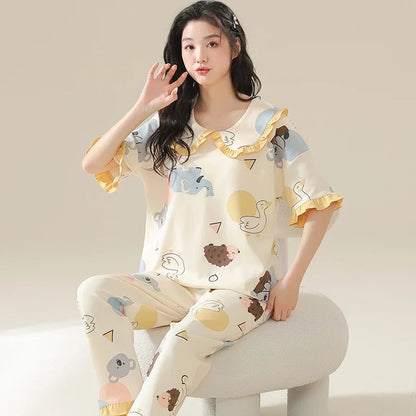 New Pajama Cartoon Cotton Pajamas for Women Summer Short Sleeved Long Pants Sleepwear Korean Fashion Rabbit Print Home Clothing