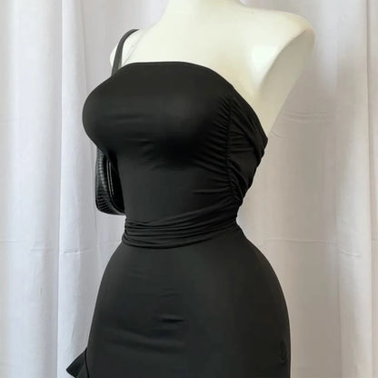 Women Strapless Sexy Floral Fold Hemline High Slit Mini Dress 2026 Solid Backless Sleeveless Black And Pink Party Dress Vestidos