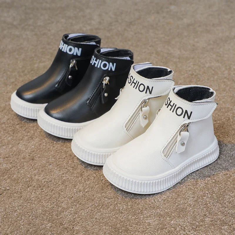 Children Fashion Boots Side Zipper Round-toe Kids Sport Boots Classic Solid Color Non-slip Boys Girls Leather Boots 2025 New