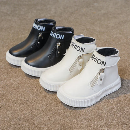 Children Fashion Boots Side Zipper Round-toe Kids Sport Boots Classic Solid Color Non-slip Boys Girls Leather Boots 2025 New