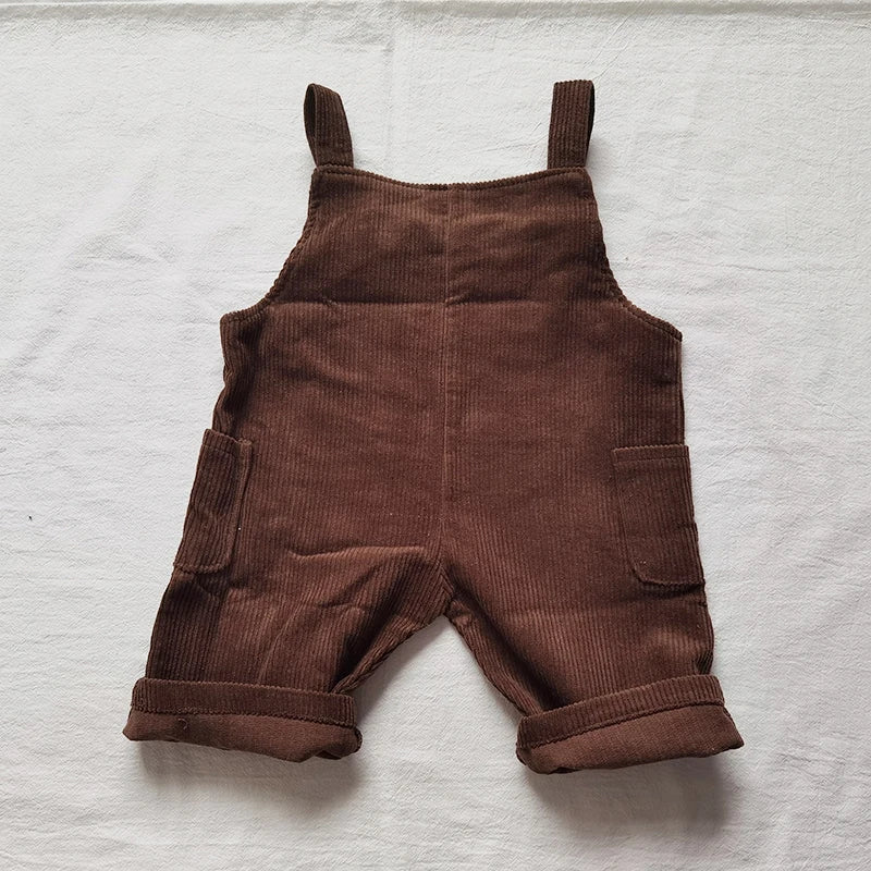 2025 New Korean Toddler Baby Boys Corduroy Overalls Casual Look Front Pocket One Piece Baby Pants Girls Trousers