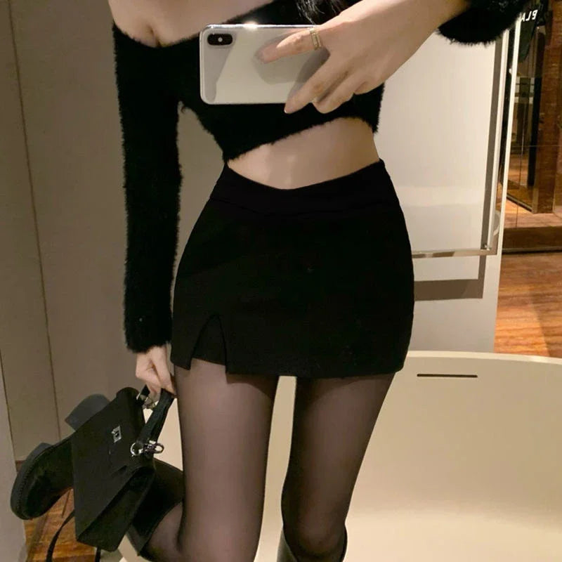 2026 Black Split Mini Skirts Women Summer Club High Waist Slit Skirt Streetwear Korean Party Fashion Irregular Slim A Line Skirt