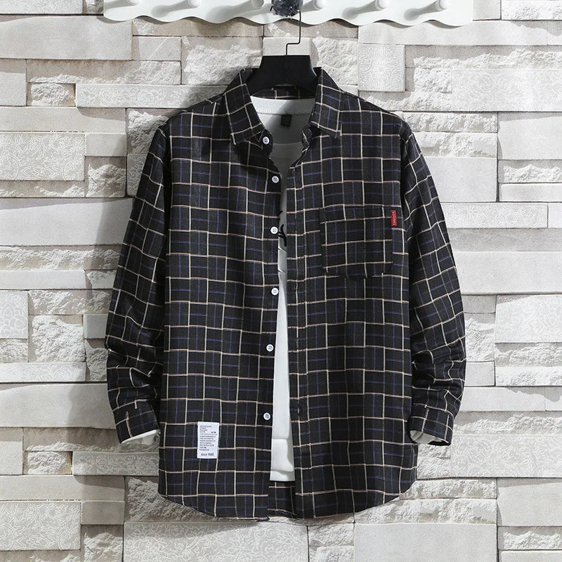 Spring New Korean Style Plaid Shirts Men's Handsome Long-sleeved Loose Casual All-matching Shirt Coats 2026 Trend Men's Clothing