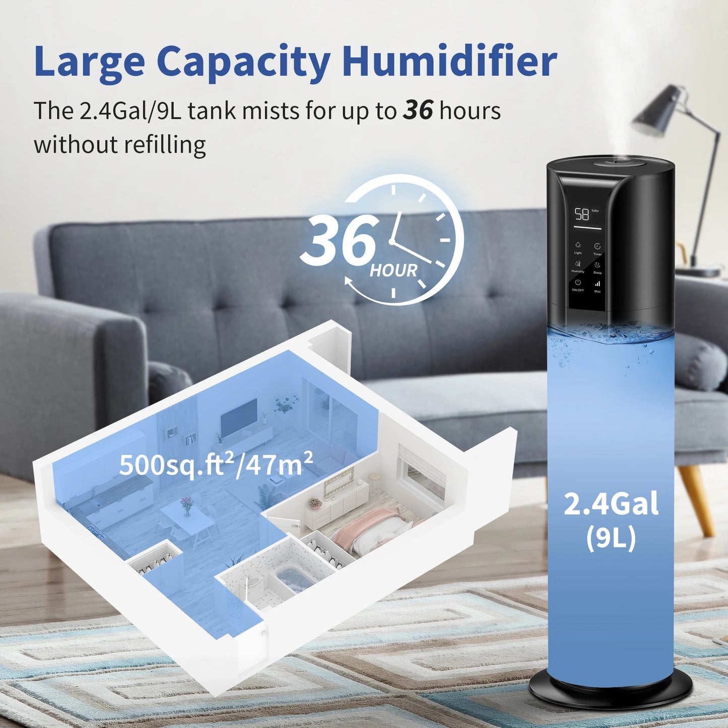 SEJOY Humidifiers for Bedroom Large Room, 9L/2.4Gal Cool Mist Top Fill Humidifier with Essential Oil 360°Nozzle for Baby Office