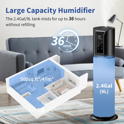 SEJOY Humidifiers for Bedroom Large Room, 9L/2.4Gal Cool Mist Top Fill Humidifier with Essential Oil 360°Nozzle for Baby Office