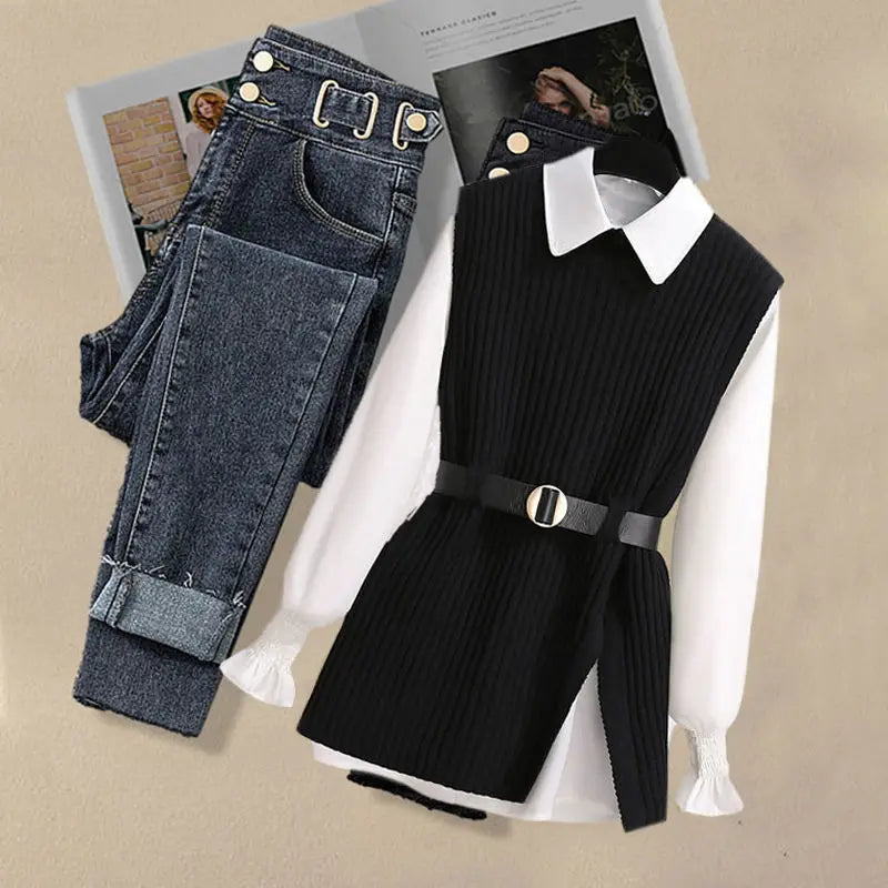 2026 Autumn Increased Size Korean Popular Chiffon Shirt Knitted Sweater Jeans Three Piece Elegant Women's Pants Set Tracksuit