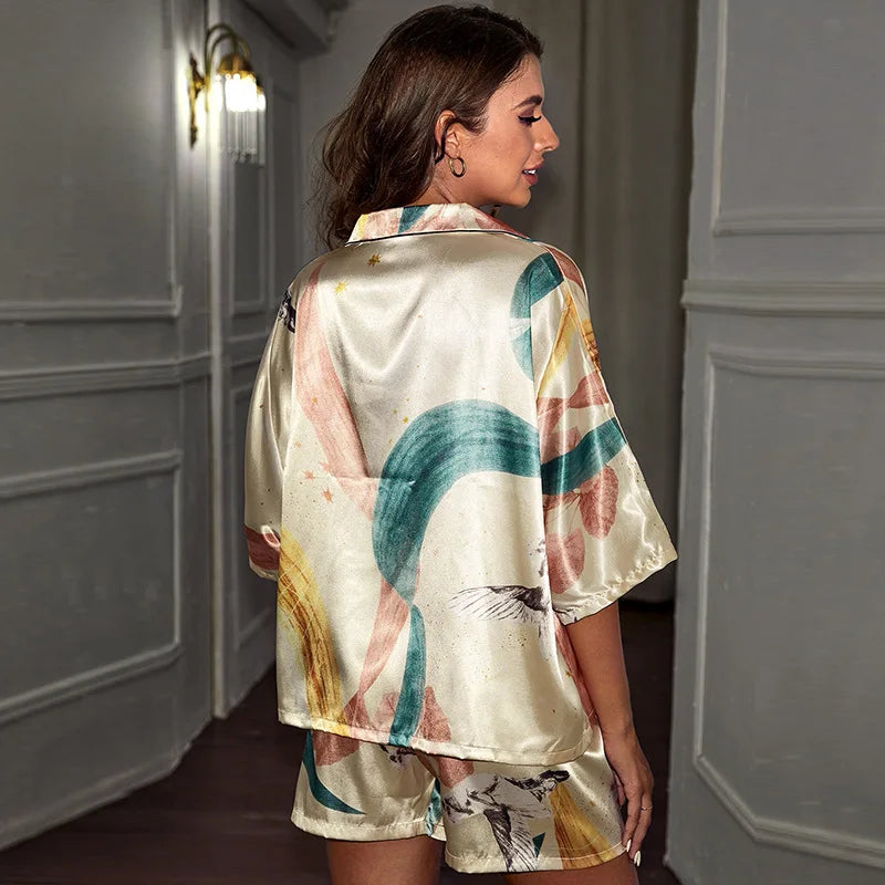 2025 Summer Satin Pajamas Set Women Sleepwear Flower Print Silk Pajama Femme Short Sleeve Loungewear Home Pajama Two Piece Suit