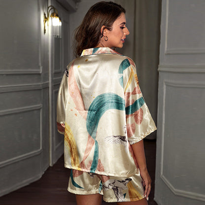 2025 Summer Satin Pajamas Set Women Sleepwear Flower Print Silk Pajama Femme Short Sleeve Loungewear Home Pajama Two Piece Suit