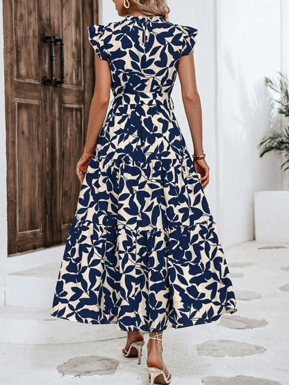Elegant Women's Flower Midi Dress New Summer Fashion Stand Collar Flying Sleeve Lace Up Dress Casual Beach Holiday Dresses Robe