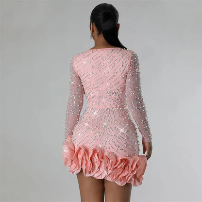 2025 New Women Mesh Sleeve Bodycon Sexy Diamonds Birthday Party Dress Tiered Ruffles Rhinestone Pearls Party Night Dress Pink