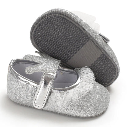 Cute 0-18M Spring Newborn Silver Baby Shoes Non Slip Cloth Bottom Girl Shoes Elegant Breathable Casual Baby First Walking Shoes