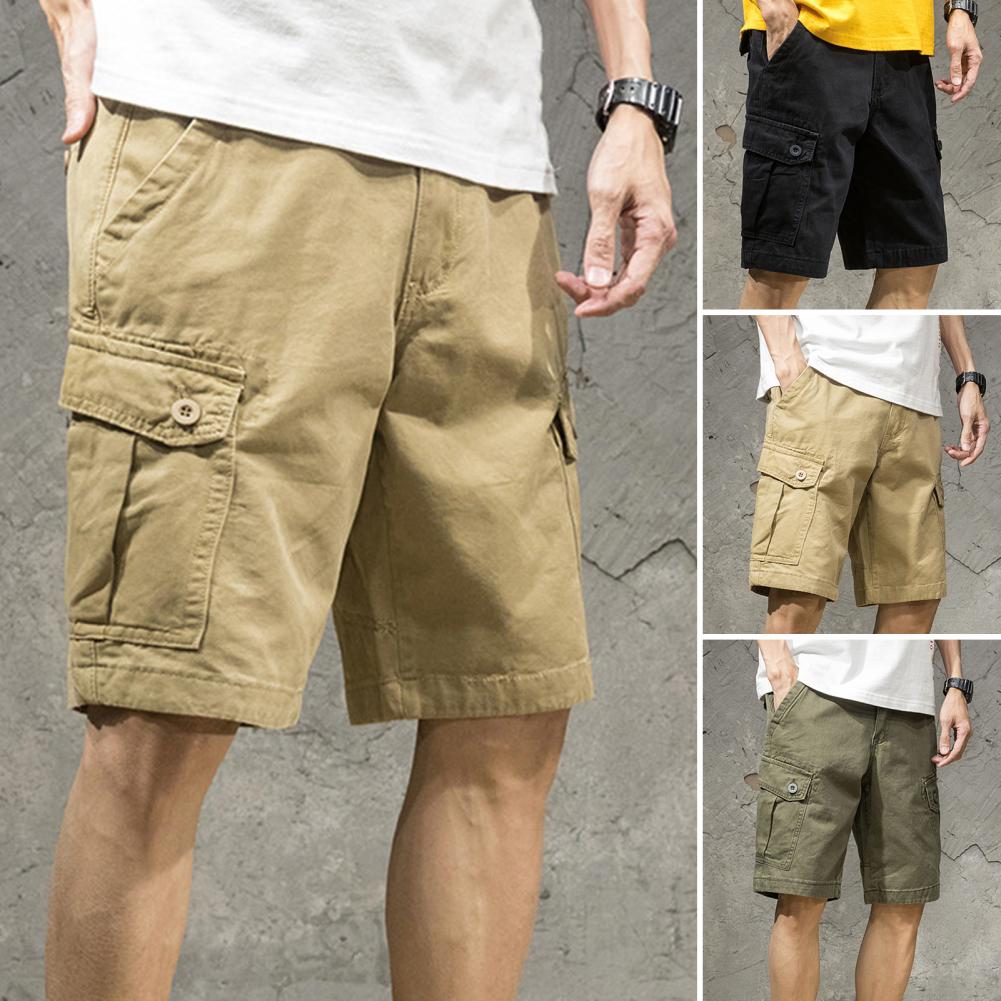 Multi Pockets Button Flying Summer Shorts Mid Rise Solid Color Straight Cargo Shorts Streetwear