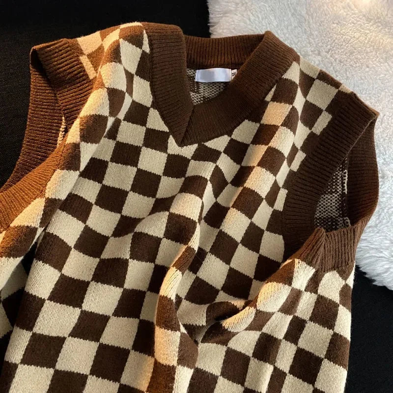 Men's Checkerboard Plaid V-neck Knitted Vest Female Spring Autumn Loose Couple Sweater Coat Sleeveless Vests Casual Tops