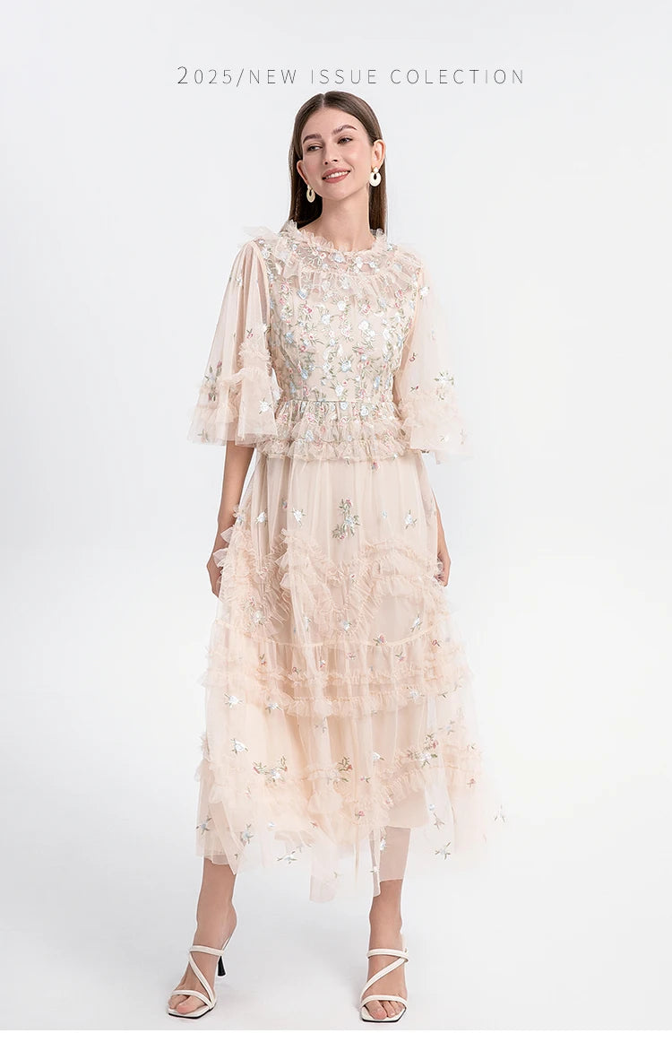 Runway Luxury Long Dresses Women 2025 Summer Holiday Embroidery Flower Ruffles Midi Party Evening Dress Lady Prom Vestidos