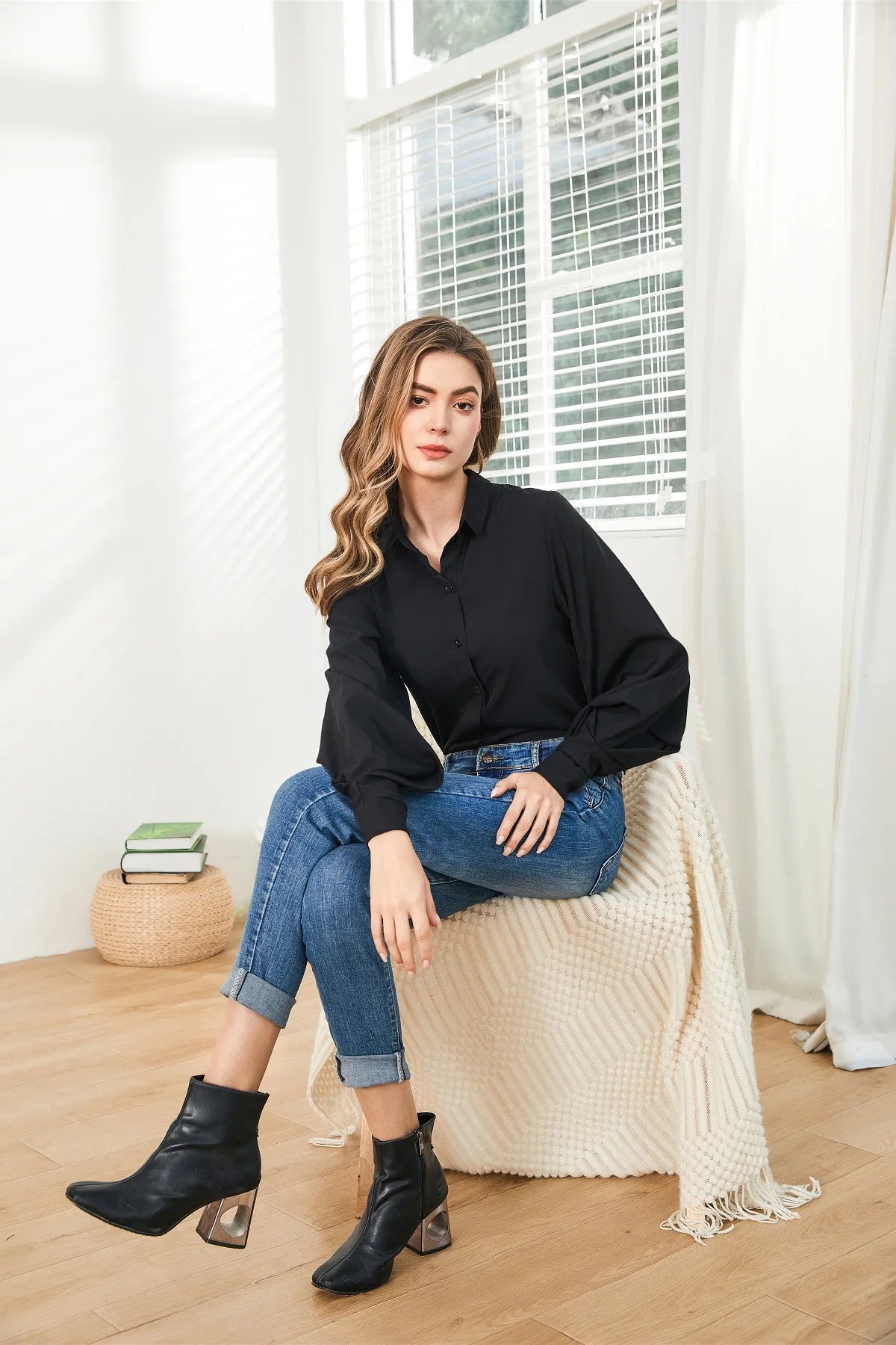 Lantern Sleeves Vintage Shirts Women Elegant White Women's Blouse with Lush Sleeves 2026 Fashion Button Up Shirt Black dropship