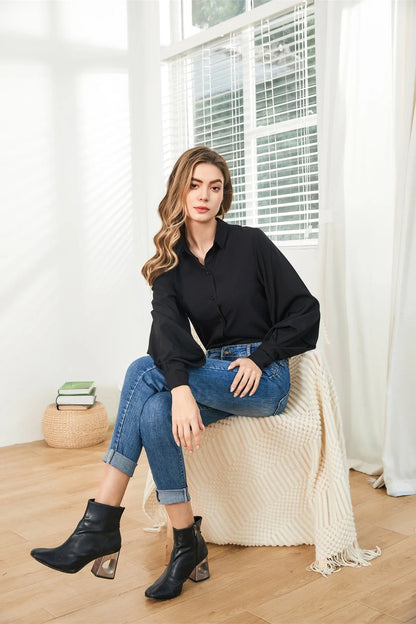 Lantern Sleeves Vintage Shirts Women Elegant White Women's Blouse with Lush Sleeves 2026 Fashion Button Up Shirt Black dropship