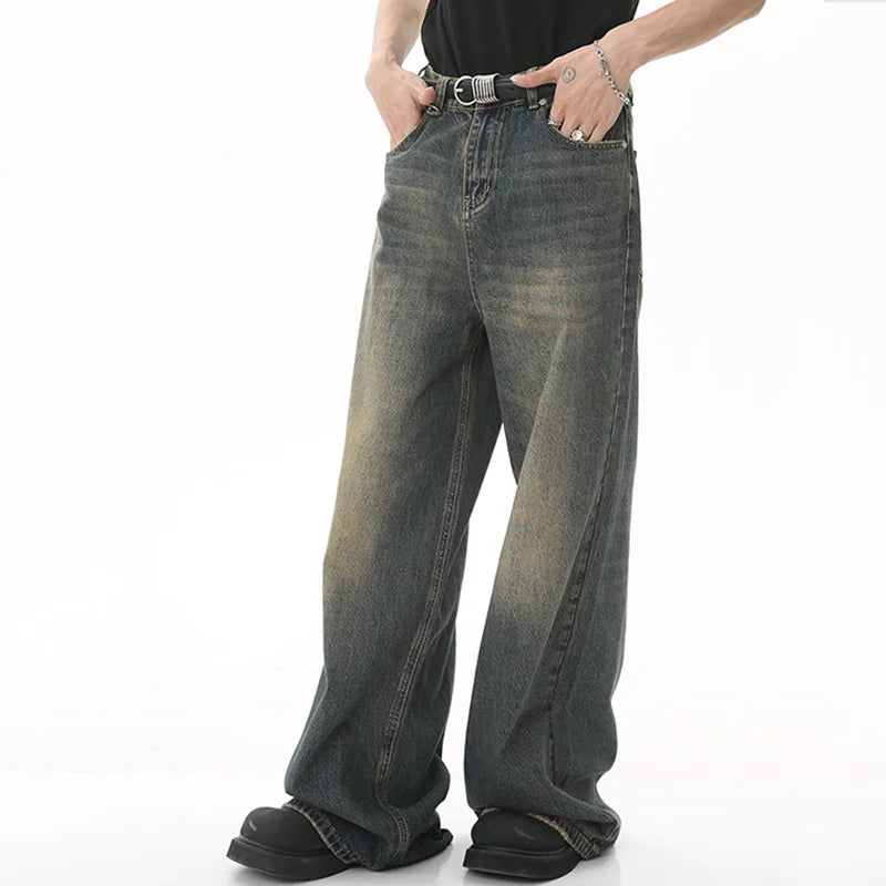 LUZHEN Old Male Pants Autumn Blue Washed Men Denim Jeans Straight Casual Men wear Loose Wide Leg Trousers 2026 New Fashion 9C354
