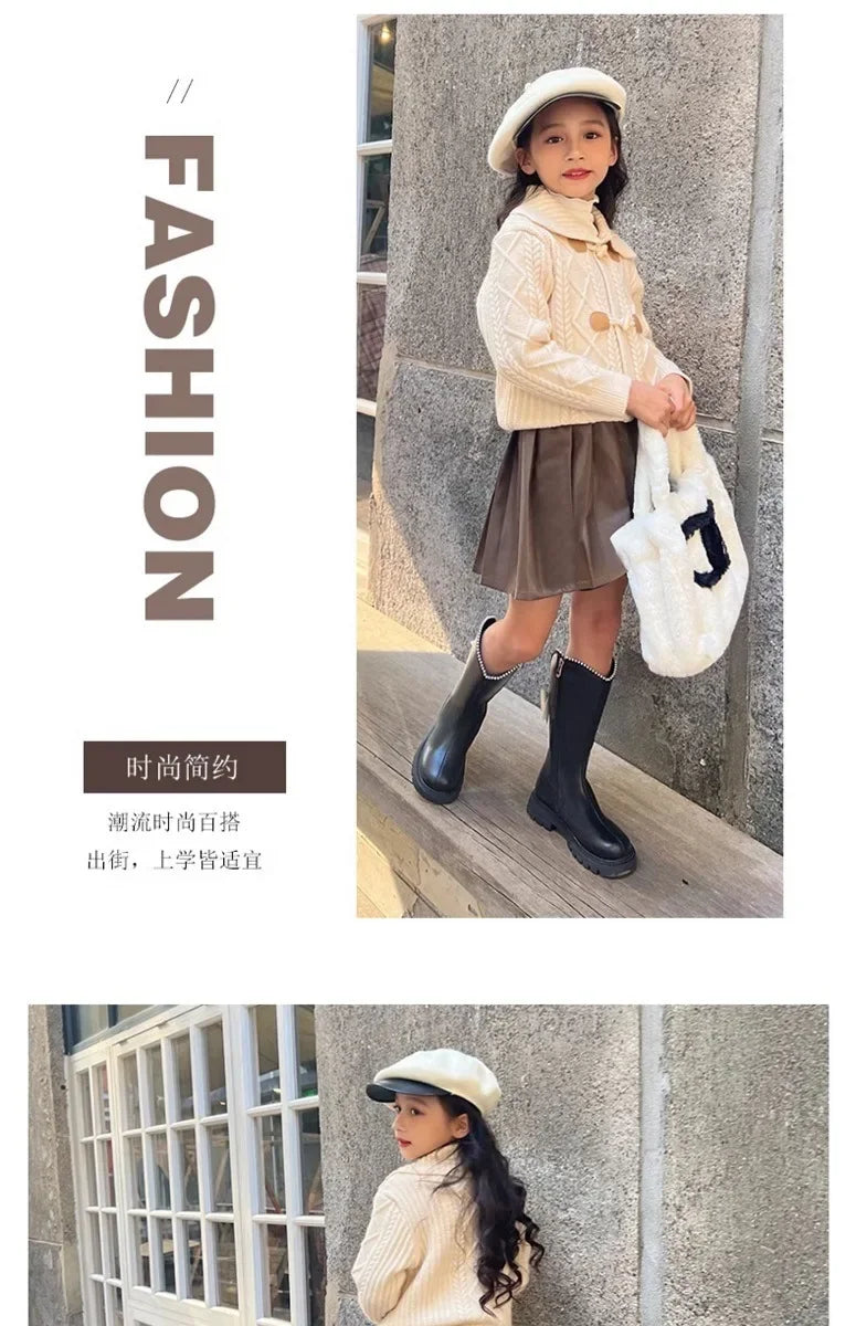 Long Boots for Girls and Children 2026 New Winter Long Leather Boots Princess Foreign Girls Plus Cashmere Shoes