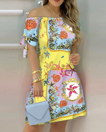 Fashionable Sexy Women's Print Dress Women's Word Shoulder Short -sleeved A -line Dress Ladies Off The Shoulder Mini Dresses