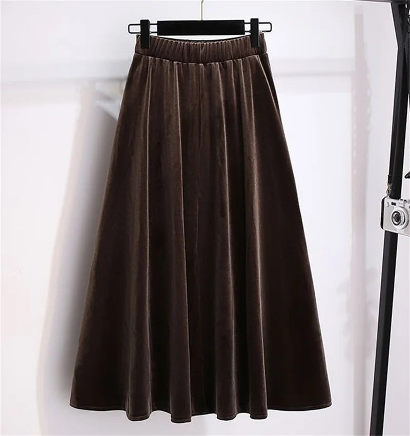 Women Large Size 4XL A-line Long Skirts Autumn Winter Ladies High Waist Skirt New Female Golden Velvet Maxi Skirt