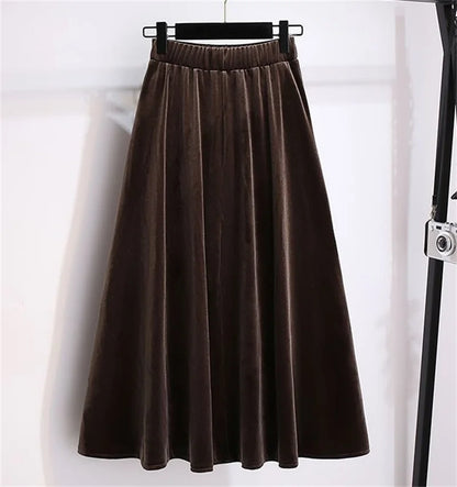 Women Large Size 4XL A-line Long Skirts Autumn Winter Ladies High Waist Skirt New Female Golden Velvet Maxi Skirt