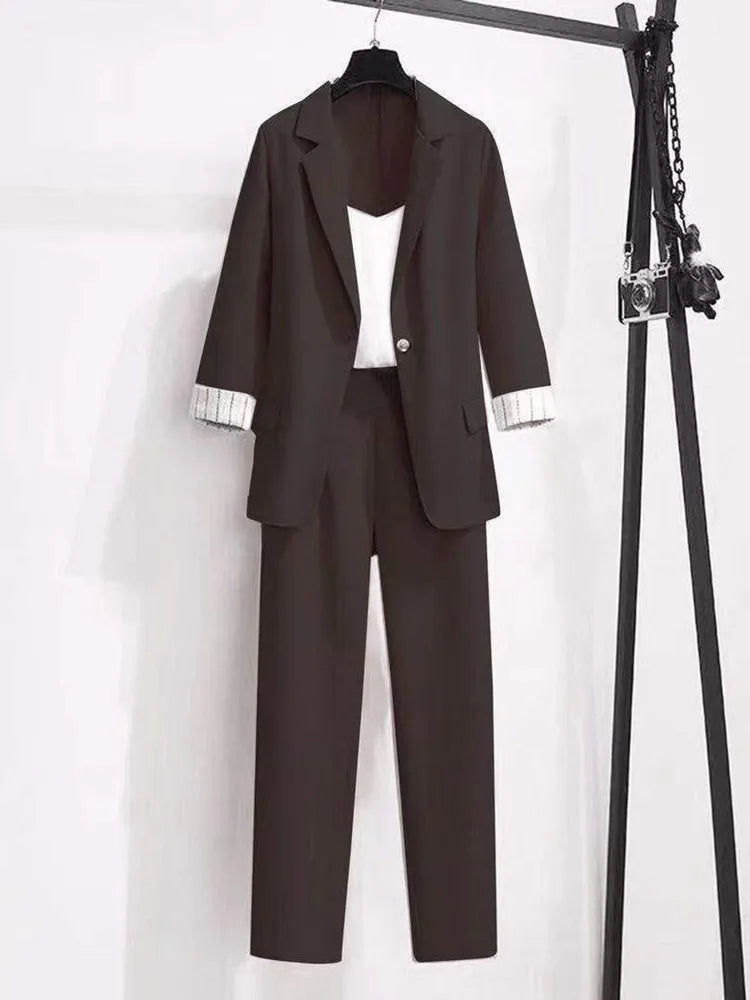 2025 spring new plus size Korean elegant women's suit female blazer leisure pants Tweed suit jacket three piece jacket pants set