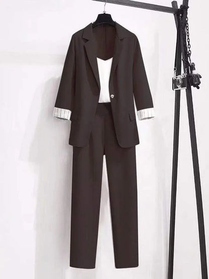 2025 spring new plus size Korean elegant women's suit female blazer leisure pants Tweed suit jacket three piece jacket pants set