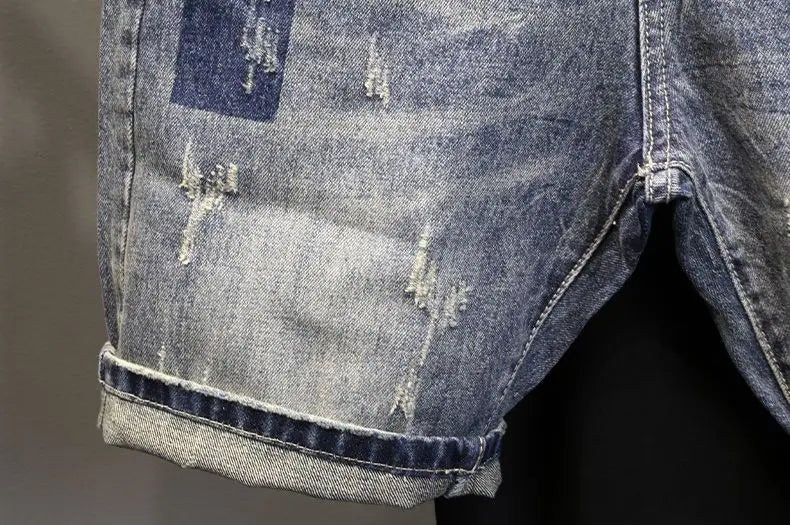 Korean Luxury Clothing Men's Summer Denim Knee Length Shorts 2025 Fashion Designer Ripped Hole Cowboy Korean Slim Short Pants